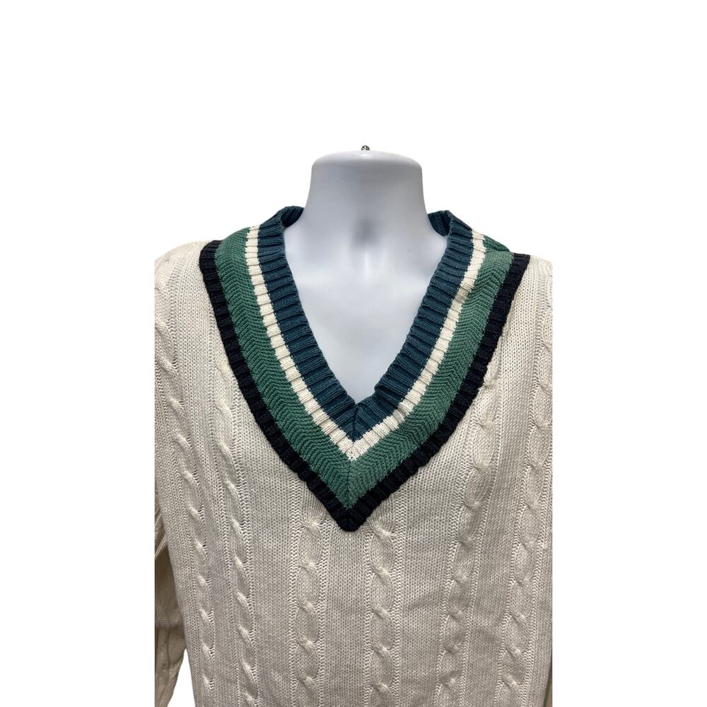 🧵 JED Wear V-Neck Cable Knit Sweater L – Vintage Tennis Ivy Preppy Style Tennis - Picture 2 of 5